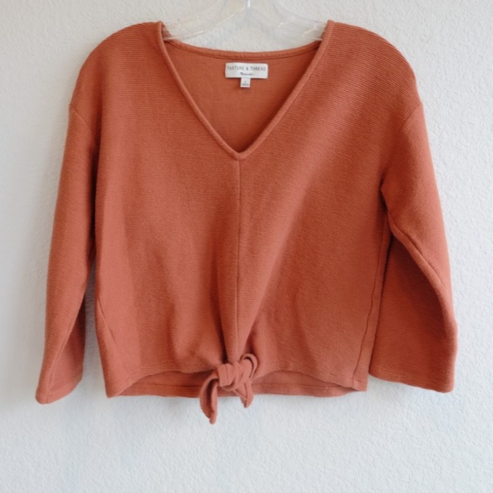 Madewell Texture & Thread‎ Top Women Sz S Cotton Orange Long-Sleeve Tie-Front - Picture 2 of 9